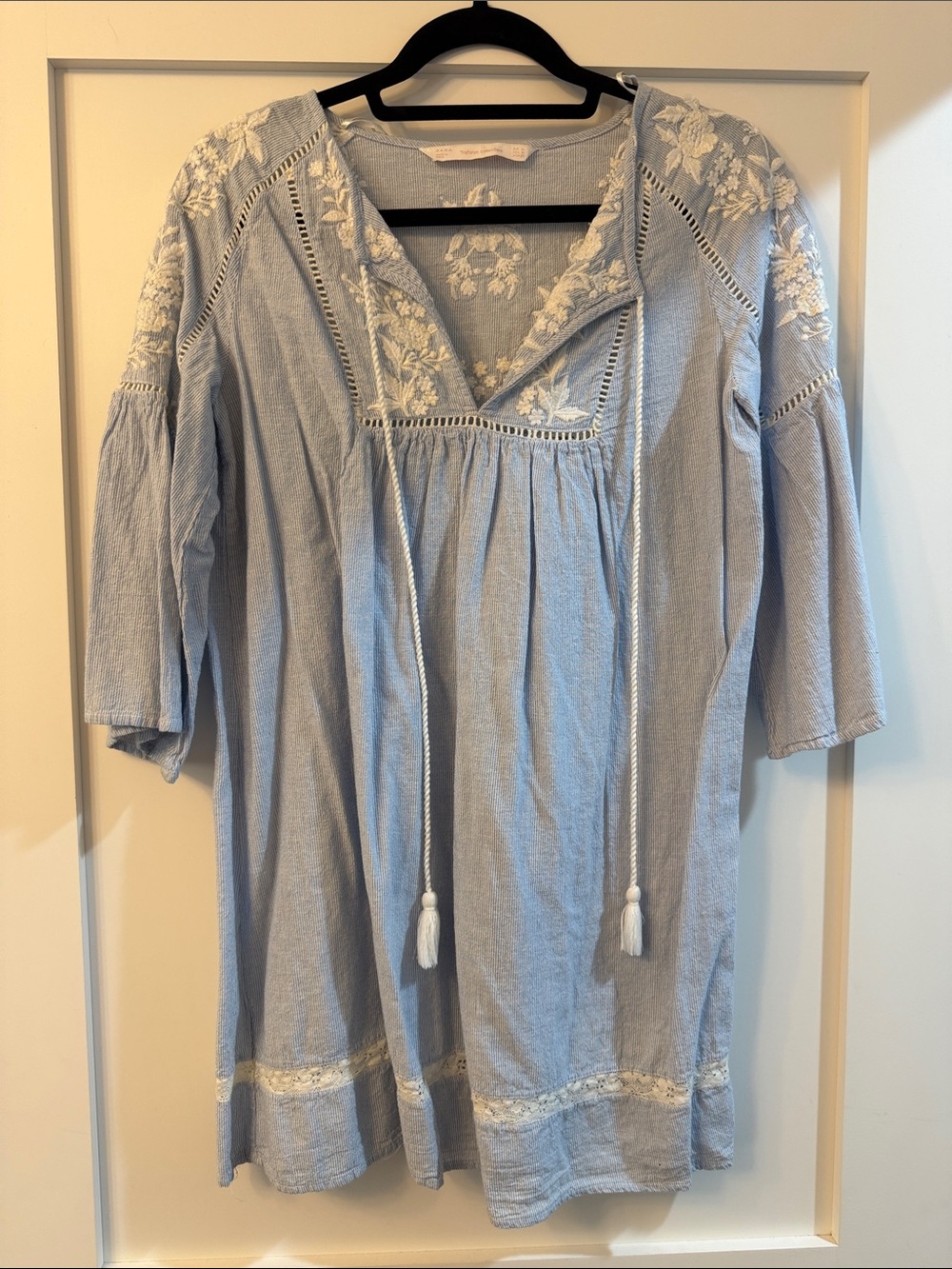 Zara Light Blue Embroidered Peasant Top with Tassel Tie